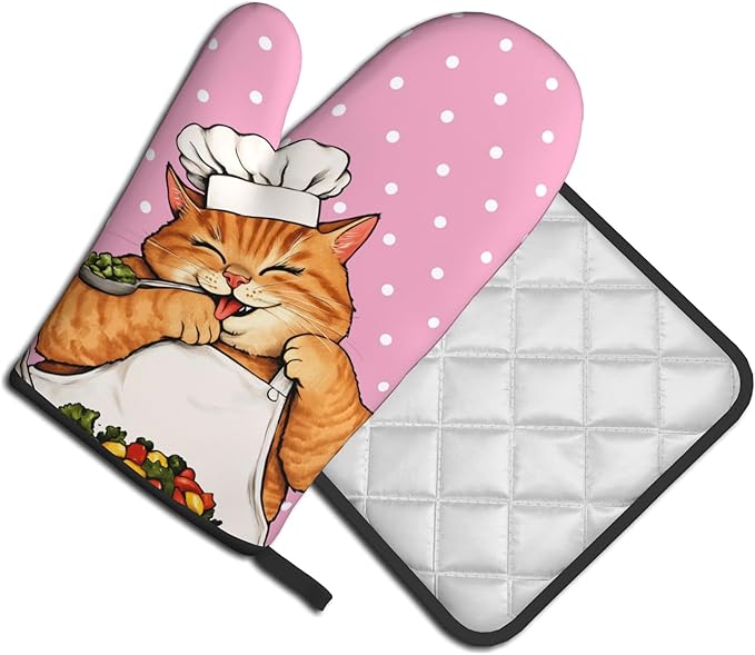 Cat Oven Mitts - Pink Oven Mitts and Pot Holders Sets of 2 Cute Kitten Cooker Kitchen Mitts Hot Pads for Baking Grilling - Image 2