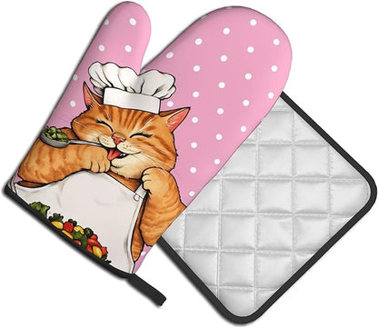 Cat Oven Mitts - Pink Oven Mitts and Pot Holders Sets of 2 Cute Kitten Cooker Kitchen Mitts Hot Pads for Baking Grilling - Image 2