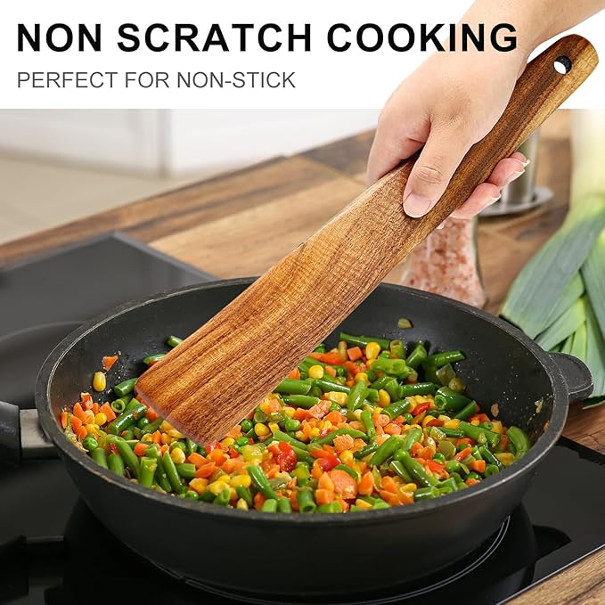 8 Pcs Best Non Toxic Kitchen Utensil Set Teak Wooden Cooking Spoons Nonstick Flat Slotted Turner Spatula Bamboo Wood Serving Utensils for Cooking Egg Spatulas for Kitchen Use Tools Slotted Pasta Spoon
