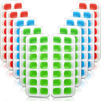 Honeydak 10 Pack 10 Pack Ice Cube Trays with Spill-resistant Removable Lid Easy-release Flexible 14 Ice Cube Tray for Drinks Fruit Yogurt Cocktails Coffee Freezer (Green,Blue,Red)