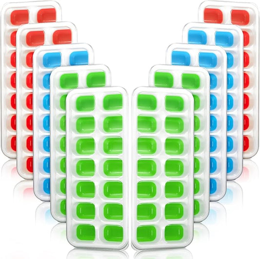 Honeydak 10 Pack 10 Pack Ice Cube Trays with Spill-resistant Removable Lid Easy-release Flexible 14 Ice Cube Tray for Drinks Fruit Yogurt Cocktails Coffee Freezer (Green,Blue,Red)