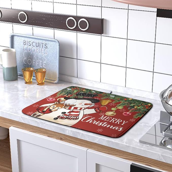 Christmas Dish Drying Mats for Kitchen Counter 16x18 Cute Snowman Red Dish Drying Pad for Dishes Winter Xmas Holiday Dish Draining Mat Absorbent Microfiber Dish Drainer Rack Mats - Image 5