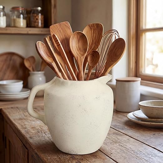Potchen Rustic Kitchen Utensil Holder with Handle,7.48" H Ceramic Vintage Utensil Crock for Countertop, Farmhouse Kitchen Decoration Ceramic Pot for Spatulas Spoons Tongs(Novelty,Antique Cream) - Image 2