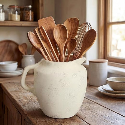 Potchen Rustic Kitchen Utensil Holder with Handle,7.48" H Ceramic Vintage Utensil Crock for Countertop, Farmhouse Kitchen Decoration Ceramic Pot for Spatulas Spoons Tongs(Novelty,Antique Cream) - Image 2