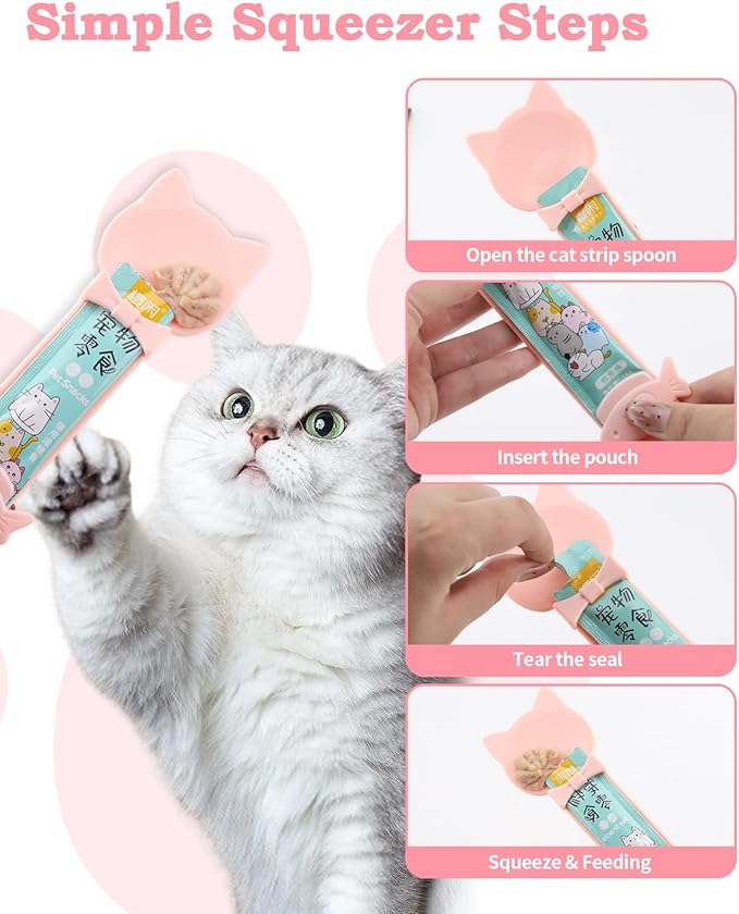 6 PCS Cat Food Can Covers Set, Reusable Silicone Can Lids with Opener, Stainless Steel Wet Food Spoon & Cat Treat Squeezer for Pet Feeding and Storage, Fits Cats & Dogs (Pink)