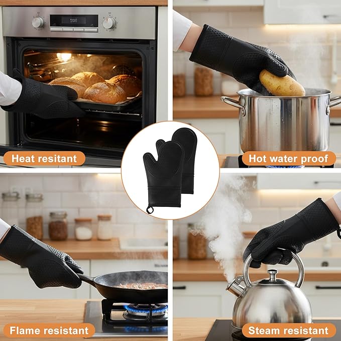 6 Pcs Oven Mitts and Pot Holders Sets for Kitchen, Extra Long Silicone Oven Gloves High Heat Resistant 500 Degrees Non-Slip Potholders Hot Pads for Baking Cooking (Black) - Image 6