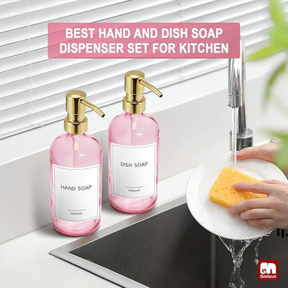 GMISUN Pink Soap Dispenser Bathroom, 2 Pack Kitchen Hand and Dish Soap Dispensers Set, 17 Fl Oz Pink Glass Soap Dispenser with Gold Pump, Refillable Modern Farmhouse Liquid Soap Pump Bottles - Image 6