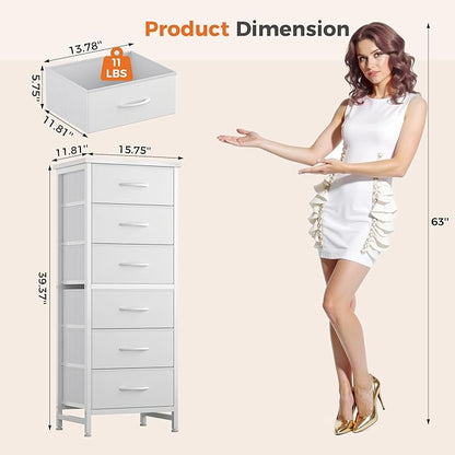 Sweetcrispy Tall Fabric Dresser for Bedroom, 6 Drawer Skinny Chest of Drawers, Narrow Storage Tower with Wood Top and Metal Frame, Vertical Nightstand for Closet, Bedroom Organization Furniture, White