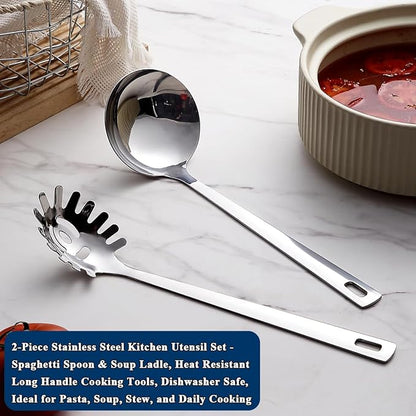 Berglander Kitchen Ladle Spoon and Spaghetti Spoon Set 2 pieces, Pasta Spoon Stainless Steel Kitchen Utensils for Cooking, Stirring, Serving Spaghetti, Soup, Sauce, Dishwasher Safe - Image 3