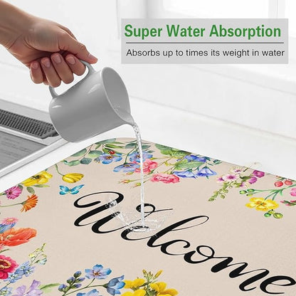 Dish Drying Mat Drainer Pads - Extra Large Microfiber Drying Mats for Dishes Spring Summer Flower Kitchen Counter Super Absorbent Pads for Draining Racks (18"x24" )