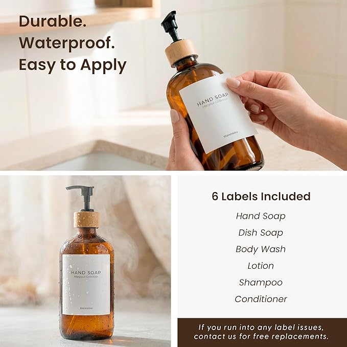 MaisoNovo Glass Dish Soap Dispenser for Kitchen Set of 2-16.9oz Amber Dish and Hand Soap Dispenser Set for Kitchen - Amber Glass Bottles x 2 with Black Bamboo Pumps & Tray