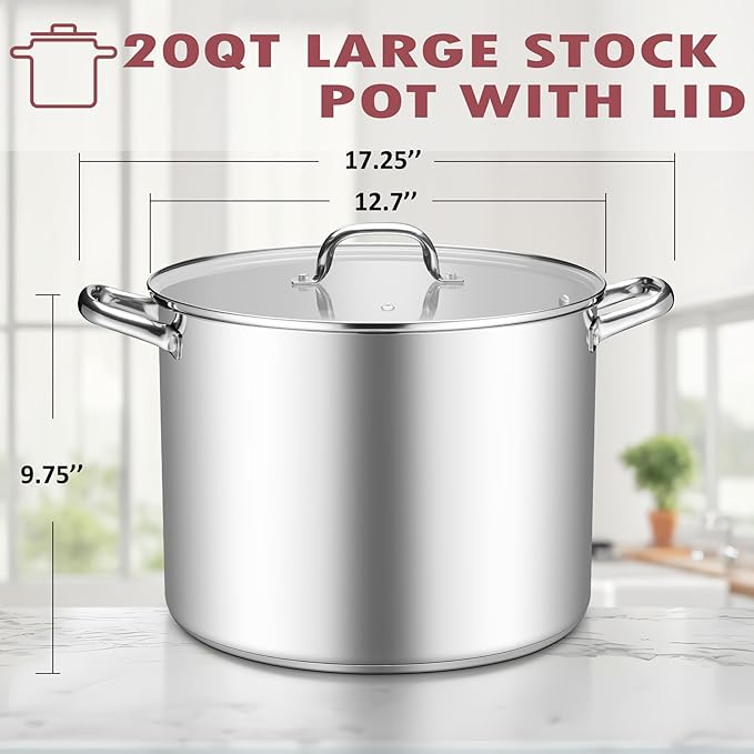 TeamFar 20QT Stock Pot, Stainless Steel Stockpot Large Induction Cooking Pot with Lid & Tri-ply Bottom, for Soup Seafood Cooking, Sauce Canning, Non Toxic & Heavy Duty, Various Stovetops Suitable - Image 2