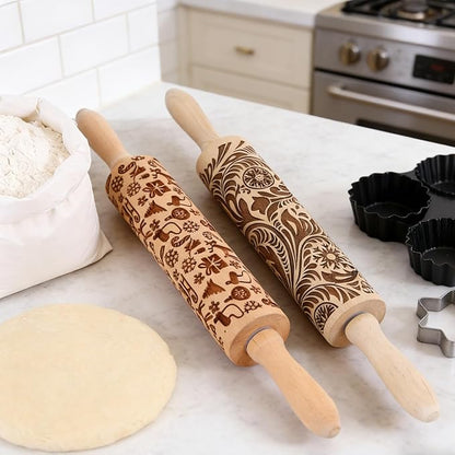 Wooden Embossed Rolling Pin for Baking & Crafts-Easy to Clean, Lightweight Design for Cookie Dough, Pie Crust & Pastry- Deep Engraved Pattern Roller Also Perfect for Clay- Essential Kitchen & DIY Tool