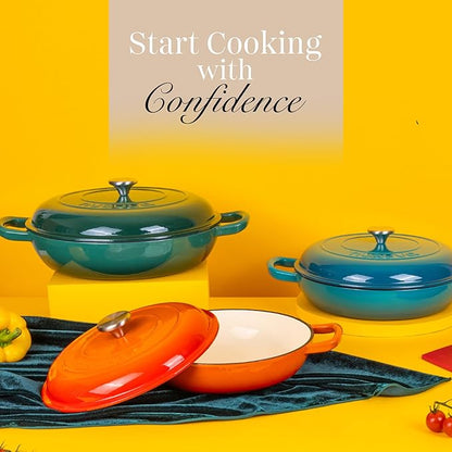 Shallow Cast Iron Casserole with Lid – Non Stick Dutch Oven Pot, Oven Safe up to 500° F – Sturdy Ovenproof Stockpot Cookware – Enamelled Cooking Pot – Dark Green, 3L, 30cm – by Nuovva