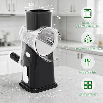 Ourokhome Rotary Cheese Grater Cheese Shredder with 5 Interchangeable Blades, Rotary Grater with Non-slip Suction Base Hand Crank Slicer for Vegetable Nuts Black