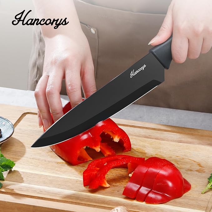 Knife Sets for Kitchen with Block, 15 Pieces Chef Knife Set with Self Sharpening, Stainless Steel Nonstick Ceramic Anti-Rust Coating Blades, Ergonomic Handle, Black Grey