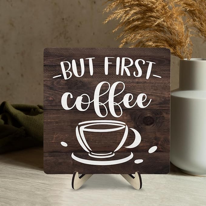 Vintage Coffee Bar Wooden Plaque Desk Sign, Farmhouse Wood Plaque Tabletop Decor for Cafe Bar Kitchen Office,Coffee Station Accessories 5.9x5.9Inch - Image 5