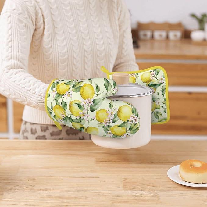 Lemon Silicone Oven Mitts Pan Mats Set of 2, Heat Resistant Gloves Potholder with Non-Slip Grips Hanging Loops Pot Holder, Spring Summer for Chef Cooking, Baking, Grilling, BBQ
