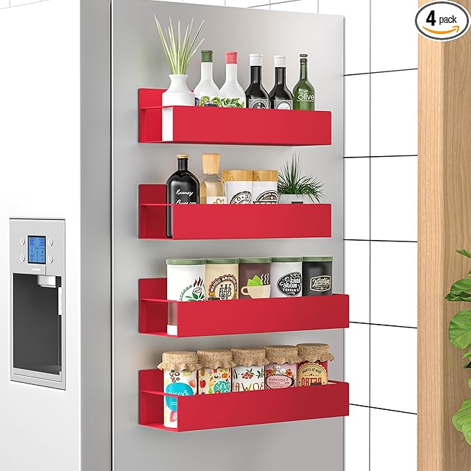 HuggieGems 4 Pack Magnetic Spice Storage Rack Organizer for Refrigerator and Oven, Red Fridge Organizers and Storage by HuggieGems