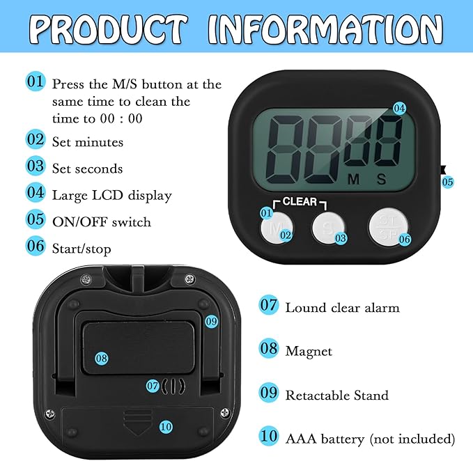 Xuhal 50 Pieces Digital Kitchen Timer Bulk, Small Magnetic Timers for Classroom, Digits Stopwatch Clock Timer for Cooking Baking Sports Games Office, Not Including Battery (Black,White) - Image 3