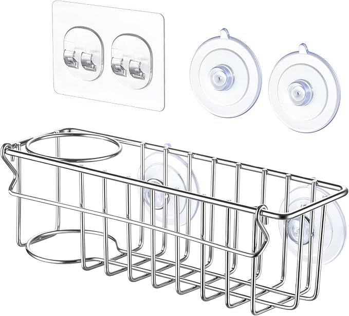 3-In-1 Sponge Holder for Kitchen Sink with Suction Cups & Adhesive Hook , In-sink Sponge Holder, Wall Hanging Sink Caddy Organizer Rack - Sponge, Dish Cloth, Brush, Scrubber - 304 Stainless Steel - Image 3