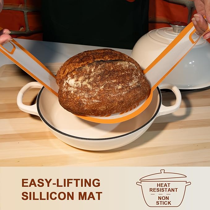 AHJ 6QT Dutch Oven For Bread Baking, Enameled Cast Iron Dutch Oven Pot with Lid, Multi-Functional Bread pan, Sourdough Baking Supplies with Proofing Basket, Cast Iron Bread Oven, Silicone Sling & Gloves. - Image 4