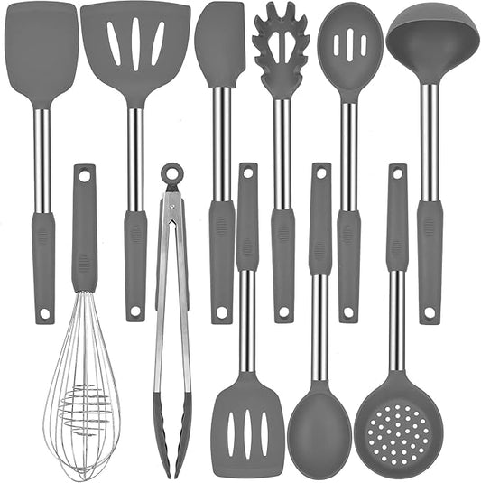 Silicone Kitchen Cooking Utensils Set with Stainless Steel Handle, Spatula Set Utensil Set, Cooking Utensil Set,Kitchen Tools Gadgets for Nonstick Cookware (11, Gray) by BECBOLDF