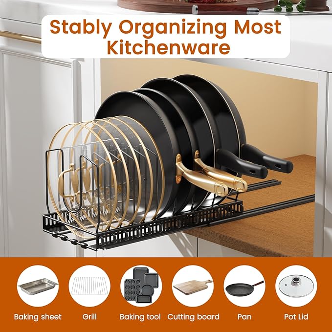 Housolution 2 Pack Pull Out Pot and Pan Organizer for Under Cabinet, Slide Out Pot Lid Organizer with 10 Adjustable Dividers, Sliding Pan Holder Storage Rack Inside Cabinet, Black - Image 6