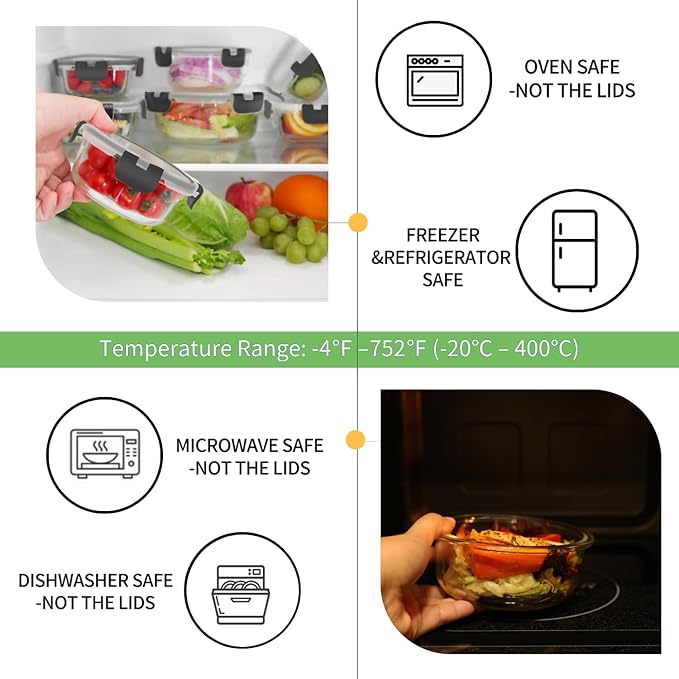 HOMBERKING 18 Piece Glass Food Storage Containers with Lids, Glass Meal Prep Containers, Airtight Lunch Bento Boxes, BPA-Free & Leak Proof, Oven, Freezer and Dishwasher Safe (9 lids & 9 Containers) - Image 4
