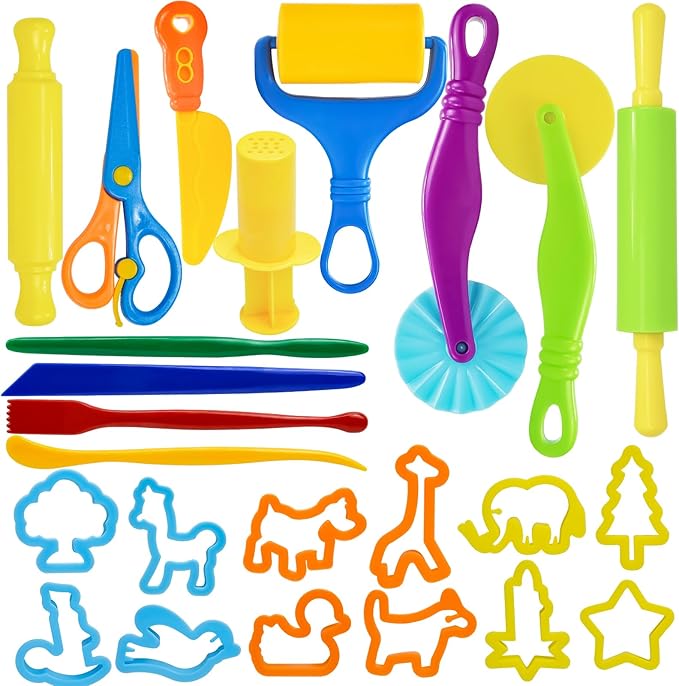LCY WEDSHI Dough Tool Set, 24 Pcs Dough Tools Sets for Kids Ages 4-8, Dough Accessories Includes Animal Molds, Cutters Roller, Rolling Pins, Safety Scissors, Plastic Knife by LCYWEDSHI