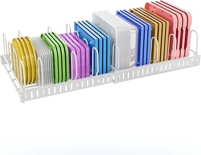 X-cosrack Expandable Food Container Lid Organizer,Large Capacity Adjustable 10 Dividers Detachable Lid Organizer Rack for Cabinets, Cupboards, Pantry Shelves, Drawers to Keep Kitchen Tidy,White by X-cosrack