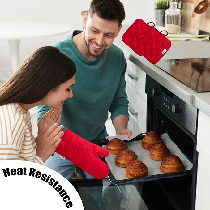 Oven Mitts and Pot Holders Sets,6 Pcs Oven Mitts and Potholders with Recycled Cotton High Heat Resistant Extra Thick Long Oven Mitts for Cooking(Red) - Image 5