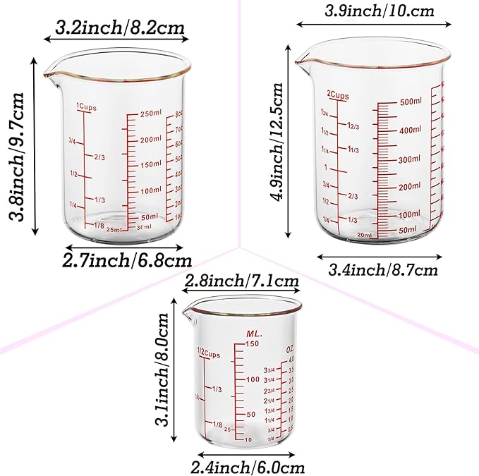 3 Piece Glass Measuring Cup Set, Includes 1/2-Cup, 1-Cup, and 2-Cup High Borosilicate Glasss Liquid Measuring Cups, Dishwasher, Freezer, Microwave, and Preheated Oven Safe, Essential Kitchen Tools - Image 5