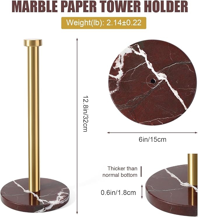 Koville Paper Towel Holder Countertop, Standing Paper Roll Holder with 6" Weighted Marble Base, Stone Paper Towel Holder with Gold Stainless Steel Rod for Kitchen Bathroom (Red)
