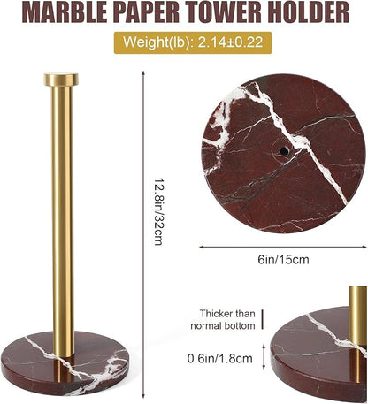 Koville Paper Towel Holder Countertop, Standing Paper Roll Holder with 6" Weighted Marble Base, Stone Paper Towel Holder with Gold Stainless Steel Rod for Kitchen Bathroom (Red)