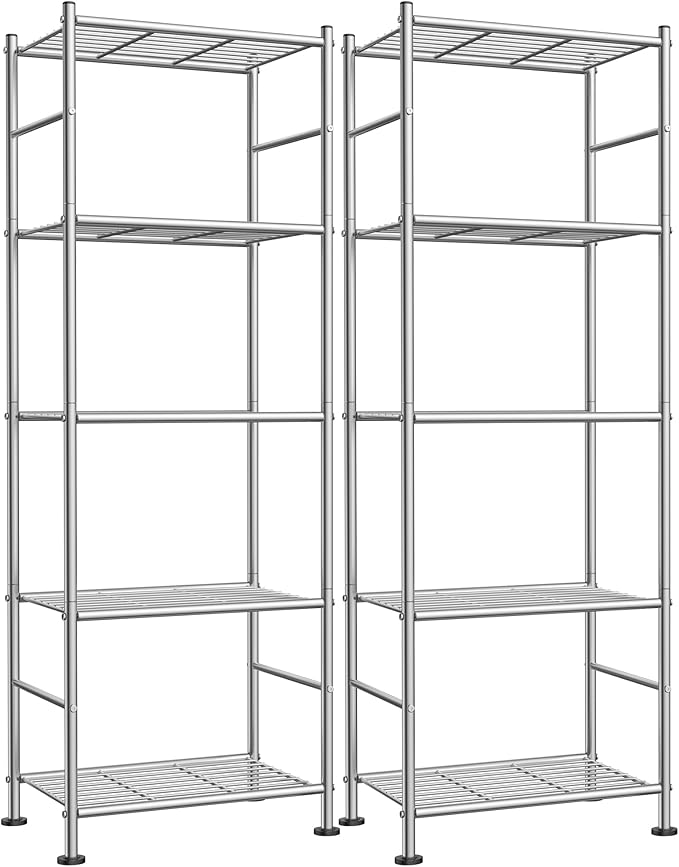 Sakugi Storage Shelves - Set of 2, 5-Tier Metal Shelf Organizer, Space-Saving Garage Shelving with Leveling Feet, Standing Shelves Organizer for Kitchen, Laundry, Pantry (18.4"x12.6"x57.4", Silver) by Sakugi