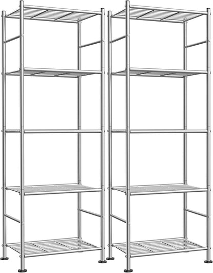 Sakugi Storage Shelves - Set of 2, 5-Tier Metal Shelf Organizer, Space-Saving Garage Shelving with Leveling Feet, Standing Shelves Organizer for Kitchen, Laundry, Pantry (18.4"x12.6"x57.4", Silver) by Sakugi