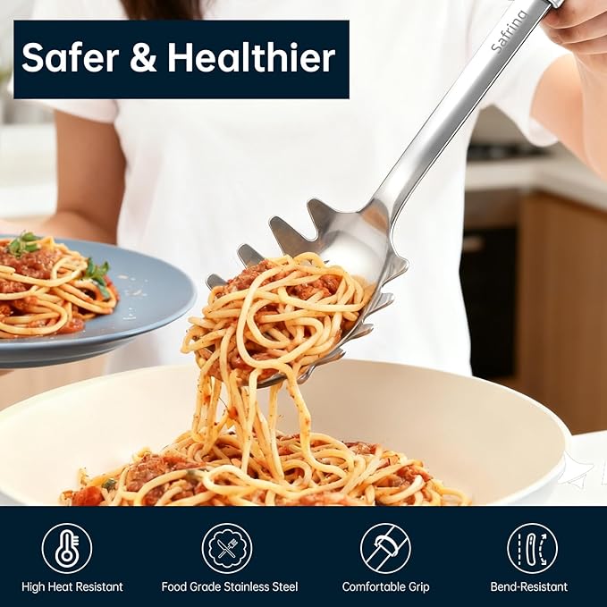 Safring Stainless Steel Soup Ladle and Spaghetti Spoon Set, Heat Resistant Rubber Handle, Dishwasher Safe, Kitchen Utensils for Cooking, Stirring, Serving Pasta, Soup & Sauce (Mint) - Image 4