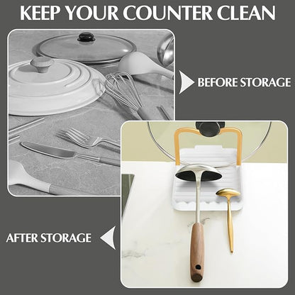Ysks'hf spoon holder and pot lid holder，stainless steel，Kitchen Utensil Rest, scraper holder & pot holder，Spoon Holder for Stove Top - Kitchen Utensil Holder for Ladles & Tongs (Gold White)
