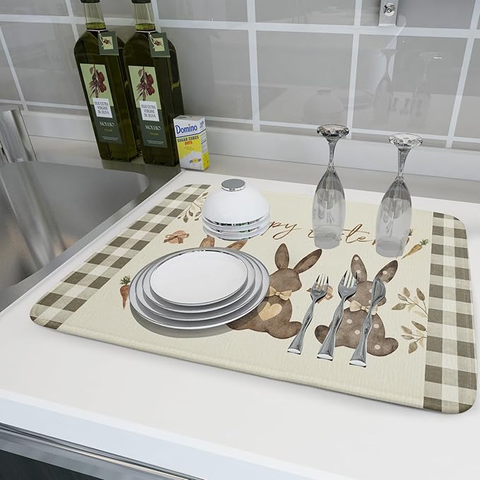 Giwawa Happy Easter Dish Drying Mat for Countertop, 18"x24" Cute Bunny Rabbits Eggs Carrot Dish Drainer Mats, Bufflao Plaids Fast Dry Microfiber Large Dish Drying Pad Kitchen Accessories Decor