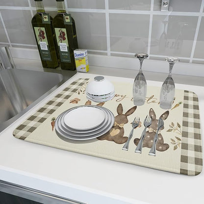 Giwawa Happy Easter Dish Drying Mat for Countertop, 18"x24" Cute Bunny Rabbits Eggs Carrot Dish Drainer Mats, Bufflao Plaids Fast Dry Microfiber Large Dish Drying Pad Kitchen Accessories Decor