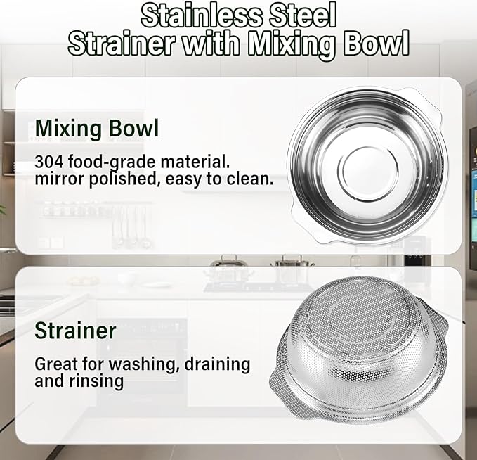 Stainless Steel Colander, 4.5QT Large Capacity with Mixing Bowl, Rice Washing Bowl with Strainer for Washing Vegetables, Fruit, Spaghetti, Pasta Strainer, Dishwasher Safe(2PC) - Image 3