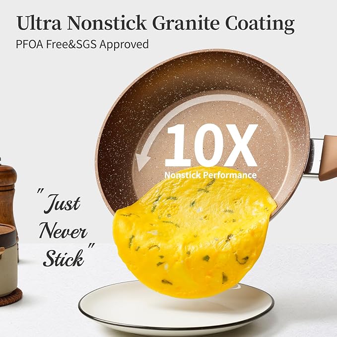 Innwewell Non Stick Frying Pan - Granite Stone Non Stick Skillet Frying Pans, Safe&No Toxic Egg Omelette Frying Pan, Nonstick Cookware Cooking Pan, Induction Compatible, PFOA Free(9.5inch, Gold) - Image 3