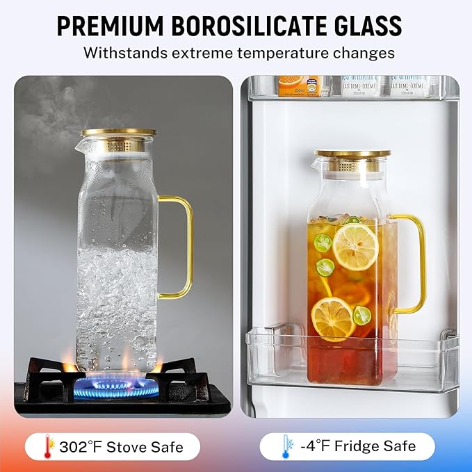 2 Quart (2 Liter 68 oz) Square Glass Pitcher with Lid and Spout, Water Pitchers with Handle for Fridge, Borosilicate Glass Carafe for Hot/Cold Drink, Large Jug for Iced Tea, Coffee, Beverage, Cold - Image 4