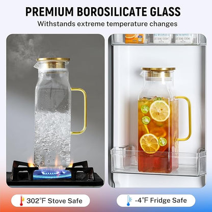 2 Quart (2 Liter 68 oz) Square Glass Pitcher with Lid and Spout, Water Pitchers with Handle for Fridge, Borosilicate Glass Carafe for Hot/Cold Drink, Large Jug for Iced Tea, Coffee, Beverage, Cold - Image 4