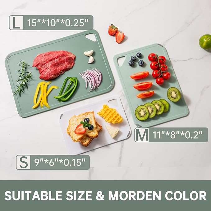 THETCHRY Plastic Cutting Board Set of 3-Cutting Boards for Kitchen BPA Free, Large-Small Chopping Boards Non-Slip for Cooking Camping Dishwasher Safe, Reversible, with Grip Handle, 15"×10"×0.25" Green - Image 4