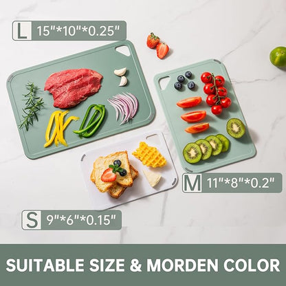 THETCHRY Plastic Cutting Board Set of 3-Cutting Boards for Kitchen BPA Free, Large-Small Chopping Boards Non-Slip for Cooking Camping Dishwasher Safe, Reversible, with Grip Handle, 15"×10"×0.25" Green - Image 4