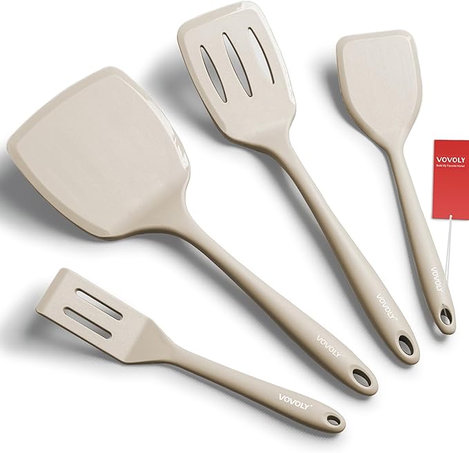 Silicone Spatula Set, 600°F Heat Resistant Silicone Spatula Turner Flipper for Cooking, Non Stick and Non Scratch Kitchen Utensils for Eggs & Pancakes, 4 Pack,Khaki by VOVOLY