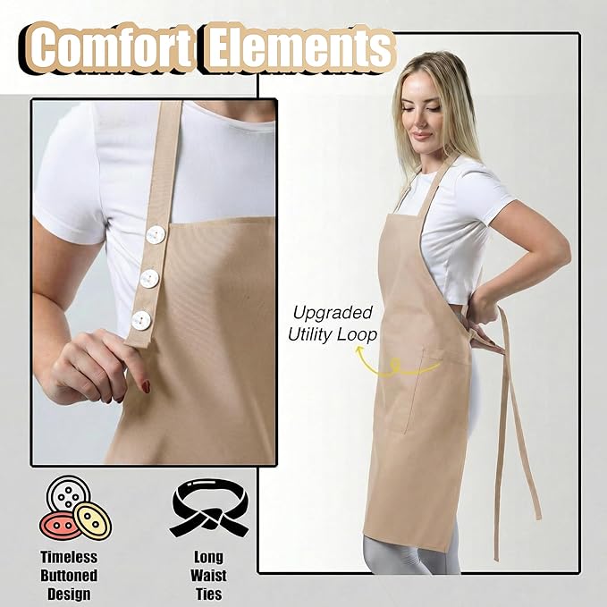TOSHE Kitchen Apron Waterdrop Resistant Cotton Apron with adjustable Aprons for Women with Pockets 10 Color option Cooking Beige Apron(Beige) - Image 6