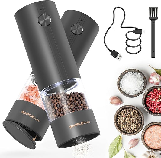 SIMPLETASTE Electric Salt and Pepper Grinder Set with LED Light, Automatic Pepper Mill Shakers with Adjustable Coarseness, One Hand Operation for Kitchen, Dining, Gifting, Black, Rechargeable by SIMPLETaste